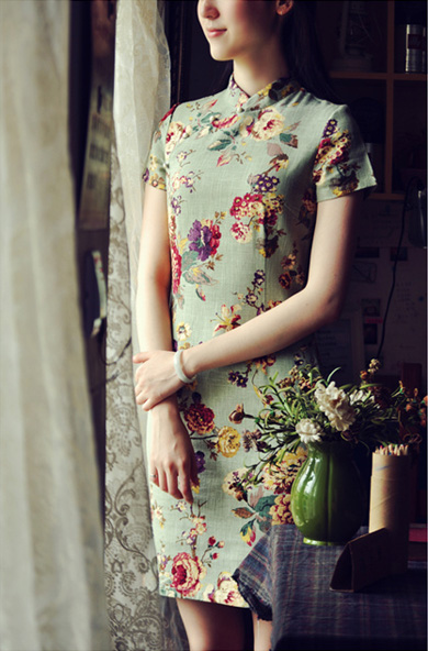 Green Floral Short Linen Qipao / Cheongsam Dress Green Floral Short Linen Qipao / Cheongsam Dress