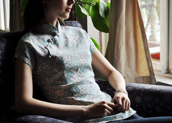 Blue Floral Short Sleeve Qipao / Cheongsam Shirt