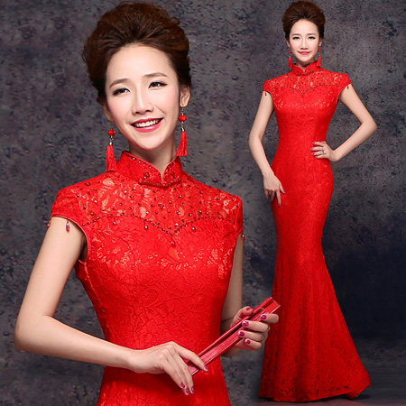 Red Fishtail Qipao / Cheongsam Dress with Beads