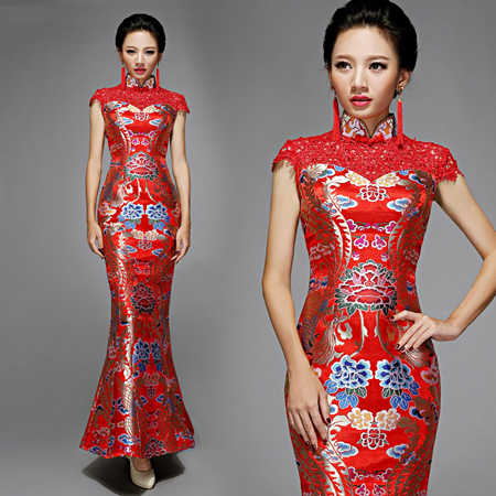 Red Fishtail Cheongsam / Qipao Dress with Phoenix Pattern