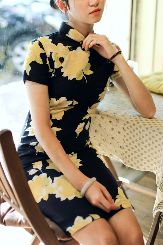 Yellow Short Floral Linen Qipao / Cheongsam Dress