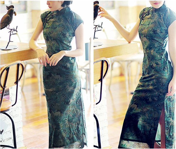 Green Ankle-Length Floral Linen Qipao / Cheongsam Dress