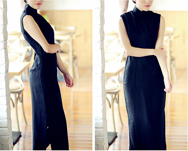 Black Tea-Length Linen Qipao / Cheongsam Dress