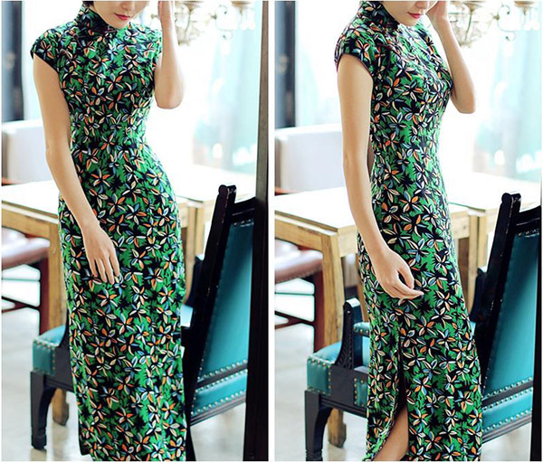 Green Floral Chiffon Qipao / Cheongsam Party Dress