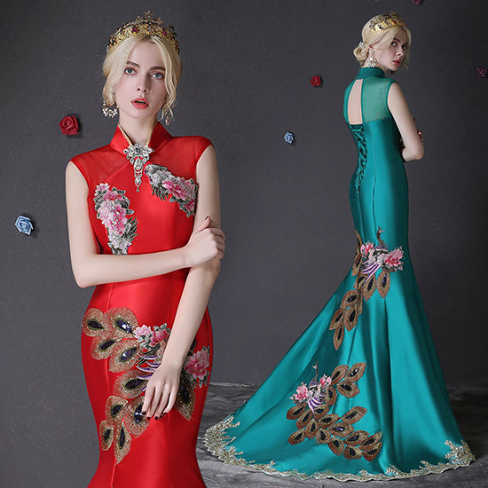 Custom Tailored Embroidery Qipao / Cheongsam Dress with Train