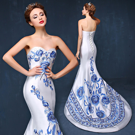 Custom Tailored Embroidered Sweetheart Qipao / Cheongsam Dress with Train