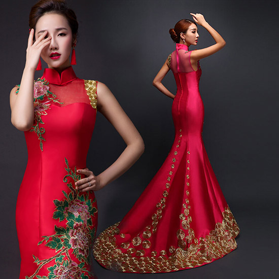 Custom Tailored Floral Embroidery Qipao / Cheongsam Dress with Train