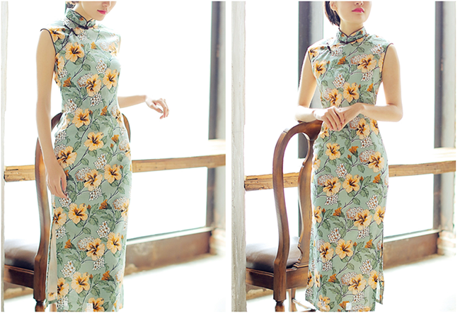 Floral Printed Linen Qipao / Cheongsam Dress