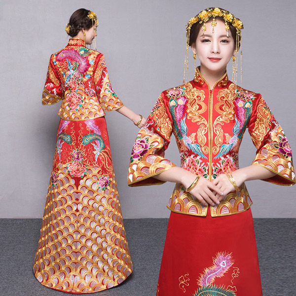 Red Embroidered Train Chinese Wedding Qun Kwa - Jacket & Skirt ...