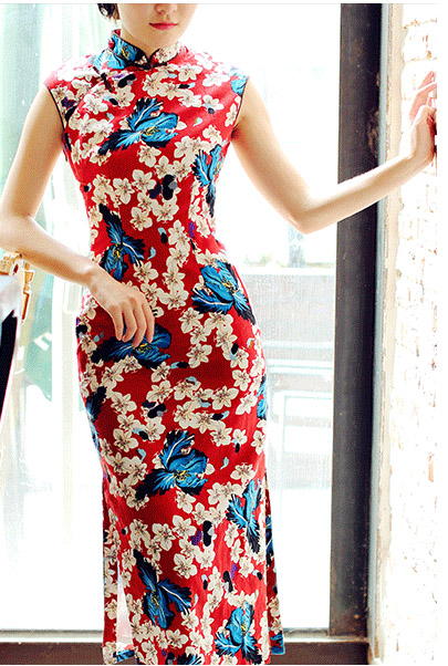 Red Floral Linen Qipao / Cheongsam Dress