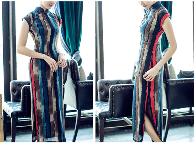 Colorblocked Long Qipao / Cheongsam Dress in Chiffon