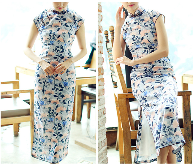 Blue Floral Long Qipao / Cheongsam Dress in Chiffon Blue Floral Long Qipao / Cheongsam Dress in Chiffon
