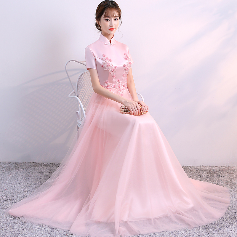 Pink Bridesmaids Appliques Qipao / Cheongsam Wedding Dress with Tulle Skirt