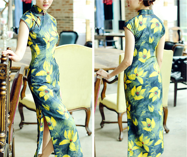 Green Floral Chiffon Modern Qipao / Cheongsam Dress Green Floral Chiffon Modern Qipao / Cheongsam Dress