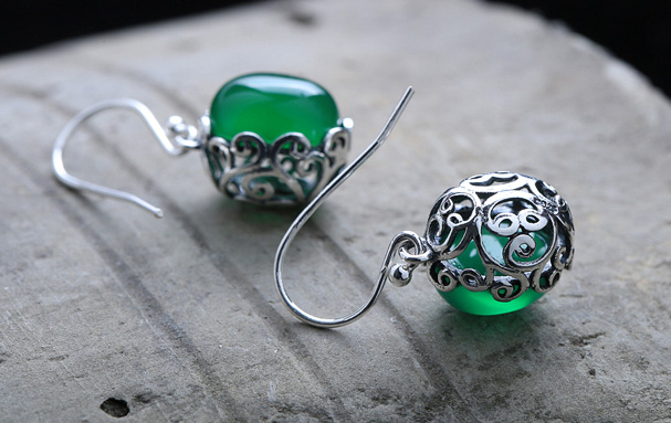 Green Agate Waterdrop Earrings, Silver Dangle Earrings