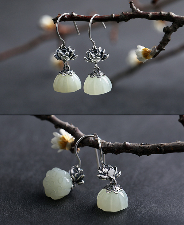 White Jade Drop Earrings, Silver Dangle Earrings