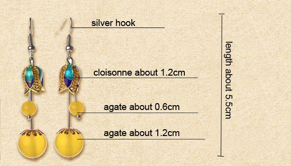 Yellow Agate Dangle Earring, Cloisonne Drop Earrings