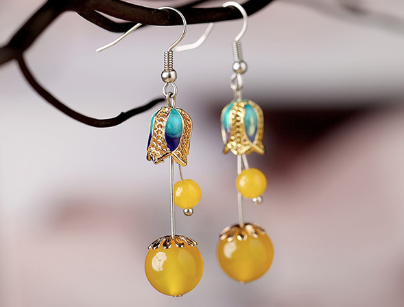 Yellow Agate Dangle Earring, Cloisonne Drop Earrings