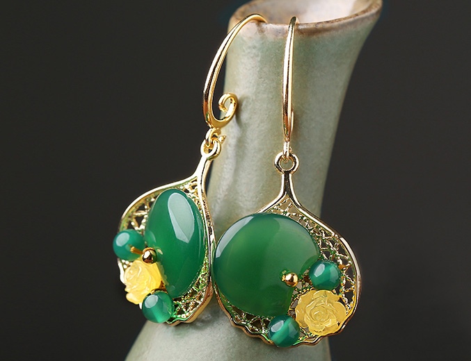 Green Agate Drop Earrings, Non Pierced Ceromel Dangle Earrings