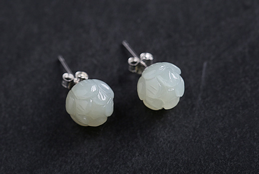 White Jade Flower Stud Silver Earrings
