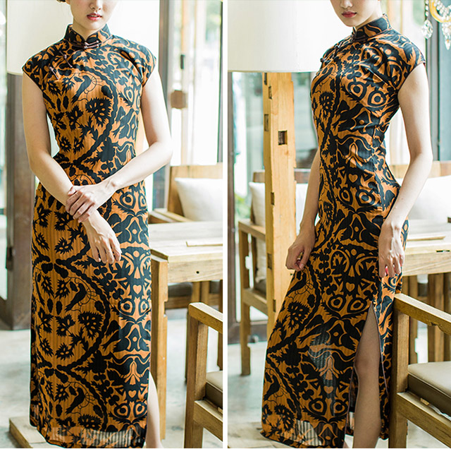 Colorblock Print Chiffon Long Qipao / Cheongsam Dress Colorblock Print Chiffon Long Qipao / Cheongsam Dress