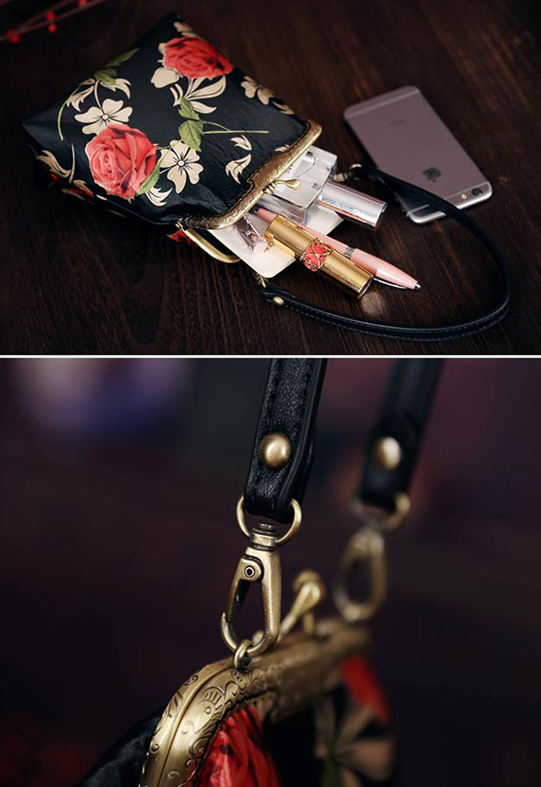 Black Rose Print Purse Top Handle Clutch Bagg CozyLadyWear