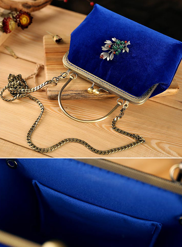 Blue Velvet Chain Strap Top Handle Clutch Bag