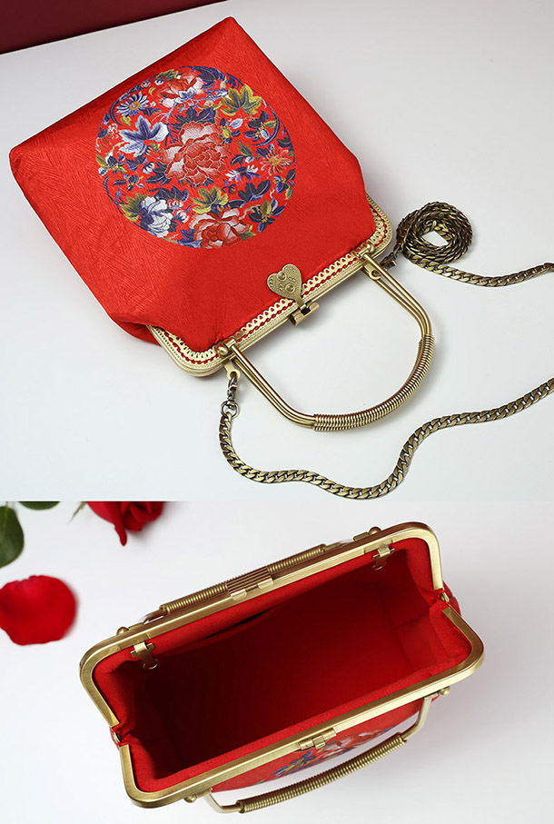 Red Floral Chain Strap Top Handle Clutch Bag