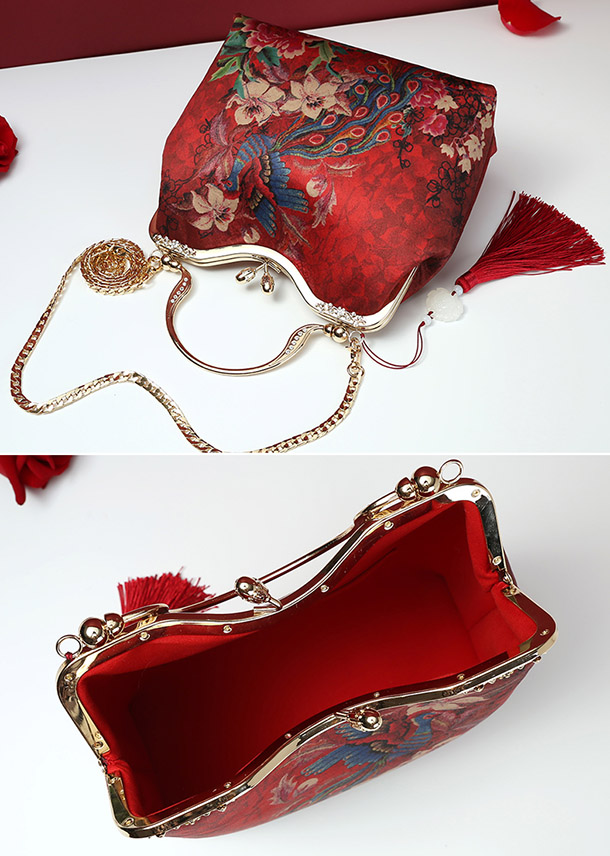 Red Phoenix Printing Chain Strap Top Handle Clutch Bag