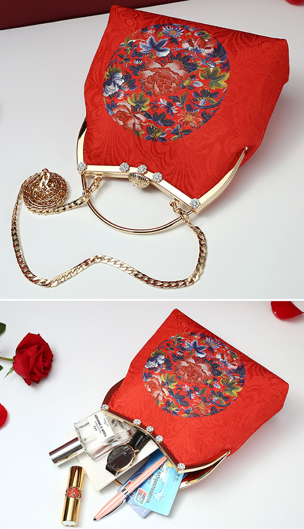 Red Floral Chain Top Handle Clutch Bag