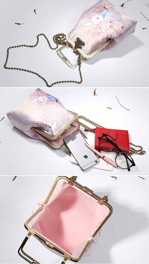 Pink Rabbit Printing Chain Top Handle Clutch Bag