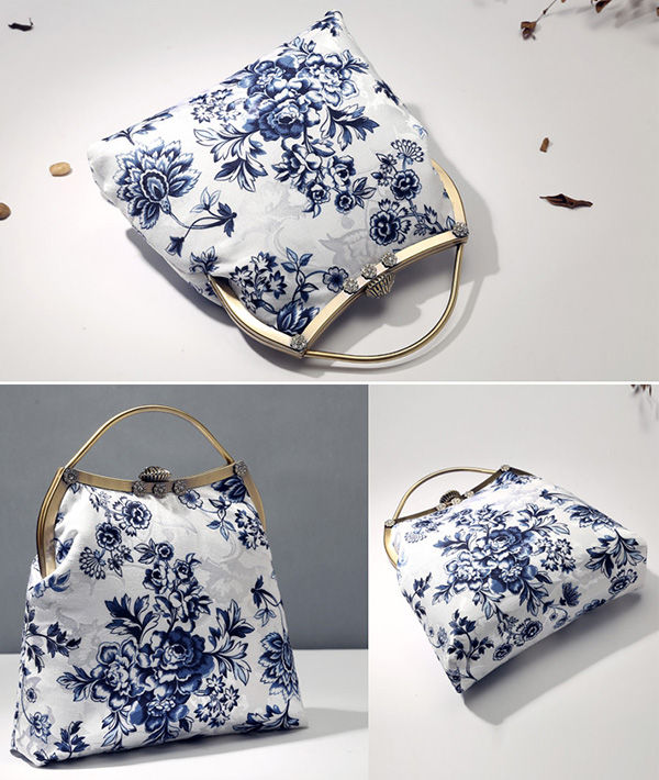 Blue and White Floral Top Handle Clutch Bags