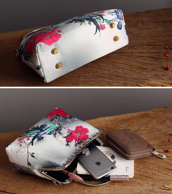 Floral Printing Chain Top Handle Clutch Bag