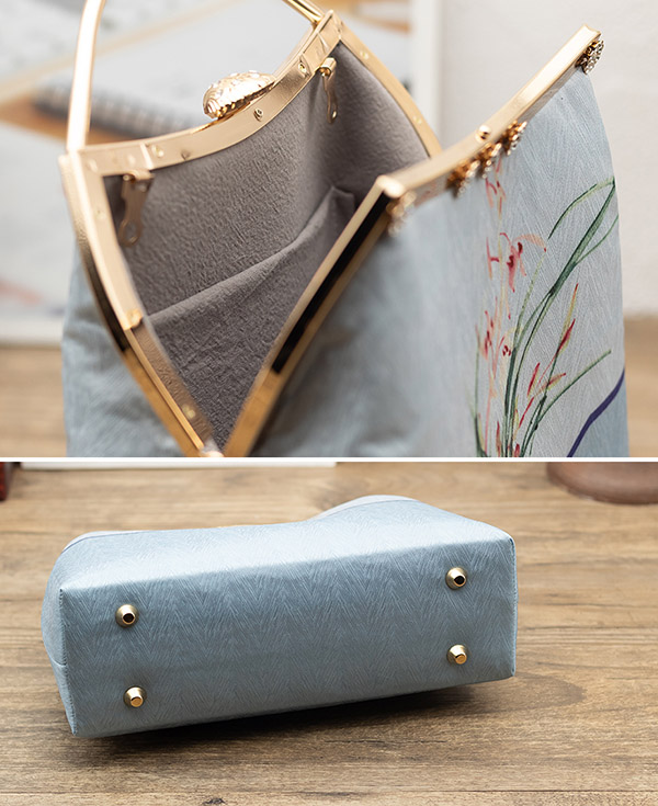 Blue Silk Printing Chain Top Handle Clutch Bags