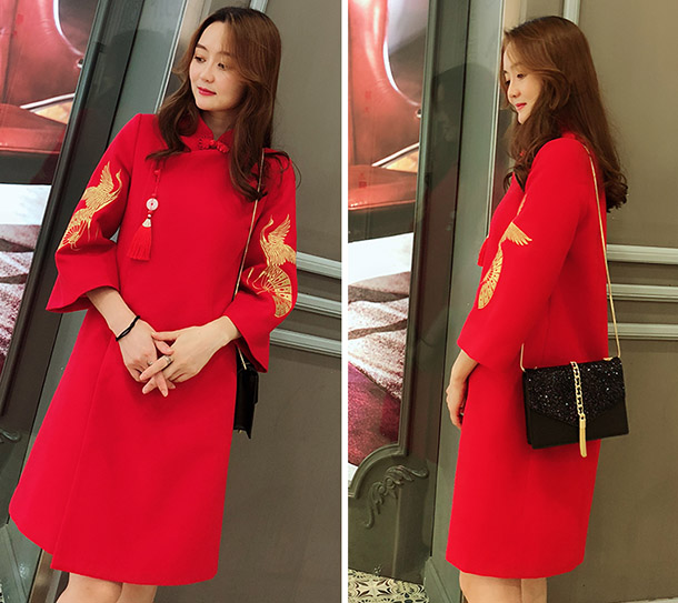 Red Embroidered Wool Blend Women Chinese Tang Coat Red Embroidered Wool Blend Women Chinese Tang Coat