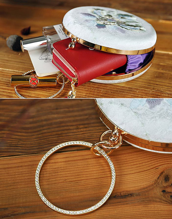 Milky White Embroidered Chain Strap Ring Wristlet Bag