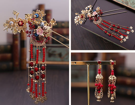 Chinese Traditional Bridal Hair Clips & Earrings