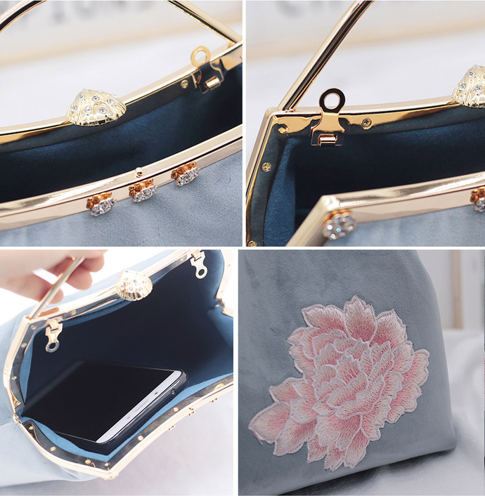 Blue Embroidered Chain Top Handle Clutch Bags