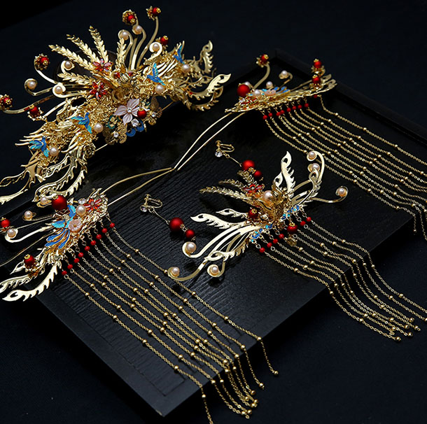 Chinese Traditional Tassel Bridal Hair Clips & Earrings