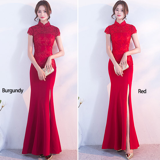 Long Split Front Qipao / Cheongsam Gown with Lace Top