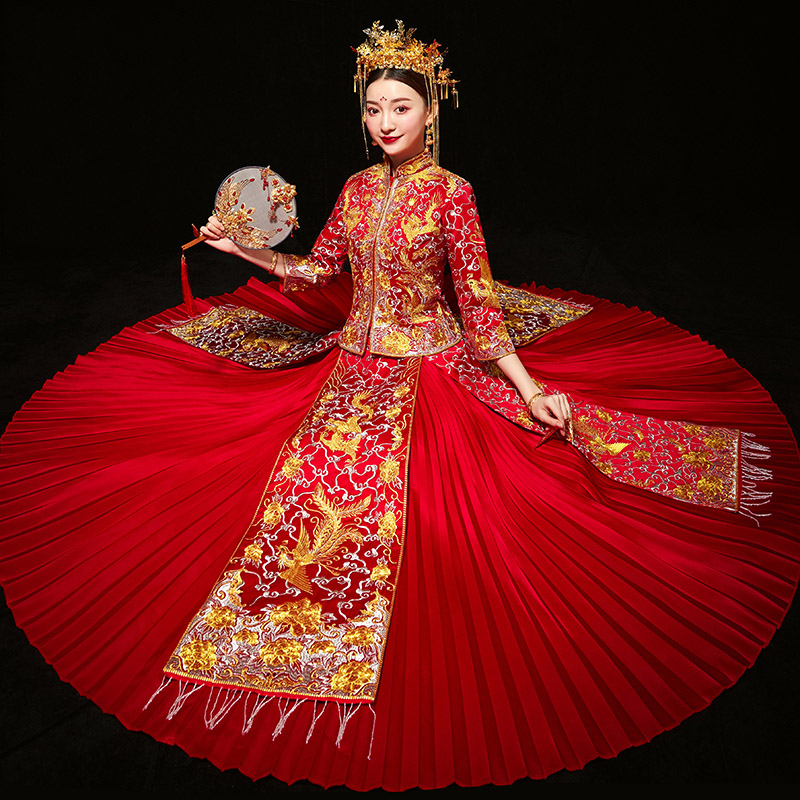 Red Embroidered Phoenix Dragon Wedding Qun Kwa & Pleated Skirt