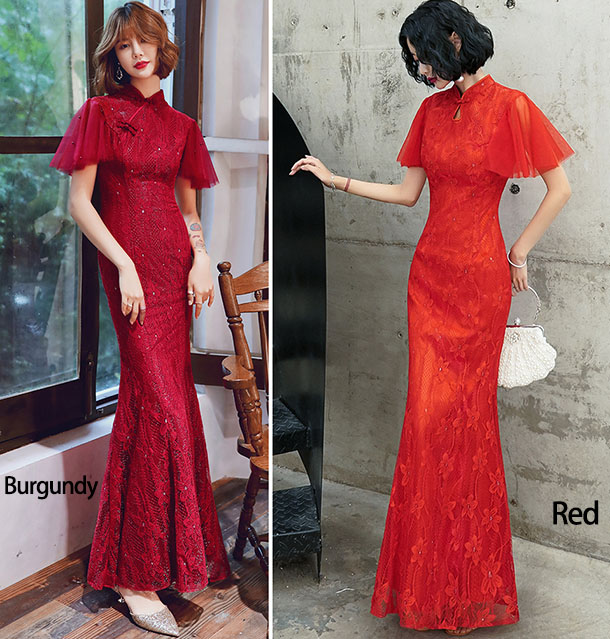 Red Flutter Sleeve Mermaid Qipao / Cheongsam Wedding Dress Red Flutter Sleeve Mermaid Qipao / Cheongsam Wedding Dress