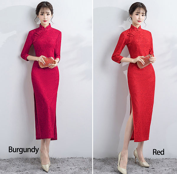 Ankle-Length Lace Qipao / Cheongsam Dress with Split