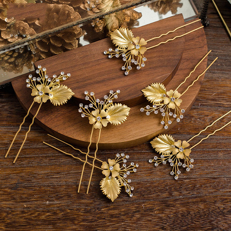 Gilded Metal Floral Petals with Crystal Hairpin Set