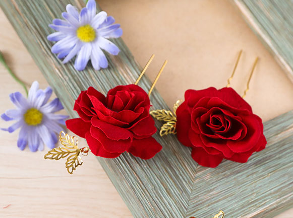 3 Pieces Fabric Red Rosette Bridal Hair Pins Set
