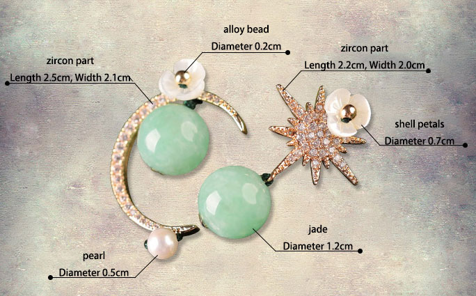 Asymmetric Star Moon Jade Delicate Earrings