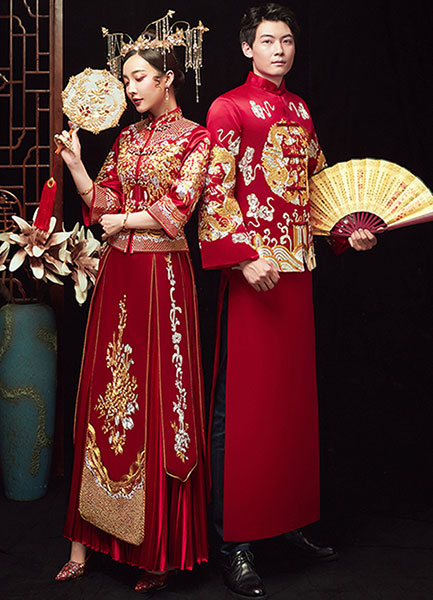 Embroidered Men's Dragon Wedding Suit, Jacket & Skirt