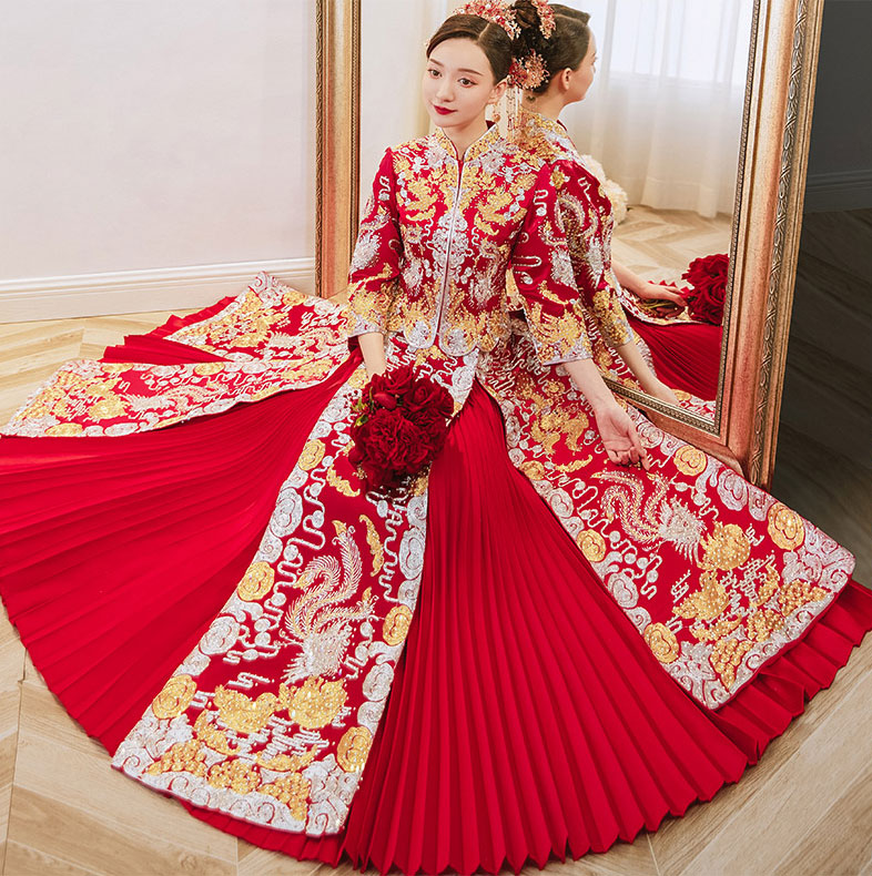 Beaded Dragon Phoenix Chinese Wedding Qun Kwa with Pleated Skirt