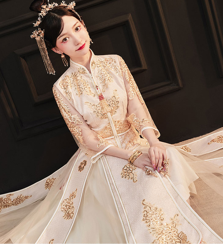 Summer Filmsy Champagne Embroidered Wedding Qun Kwa