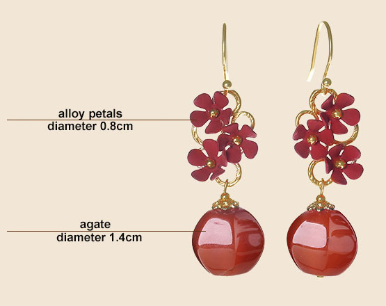 Red Petals Agate  Drop Dangle Earrings Clip On Earrings